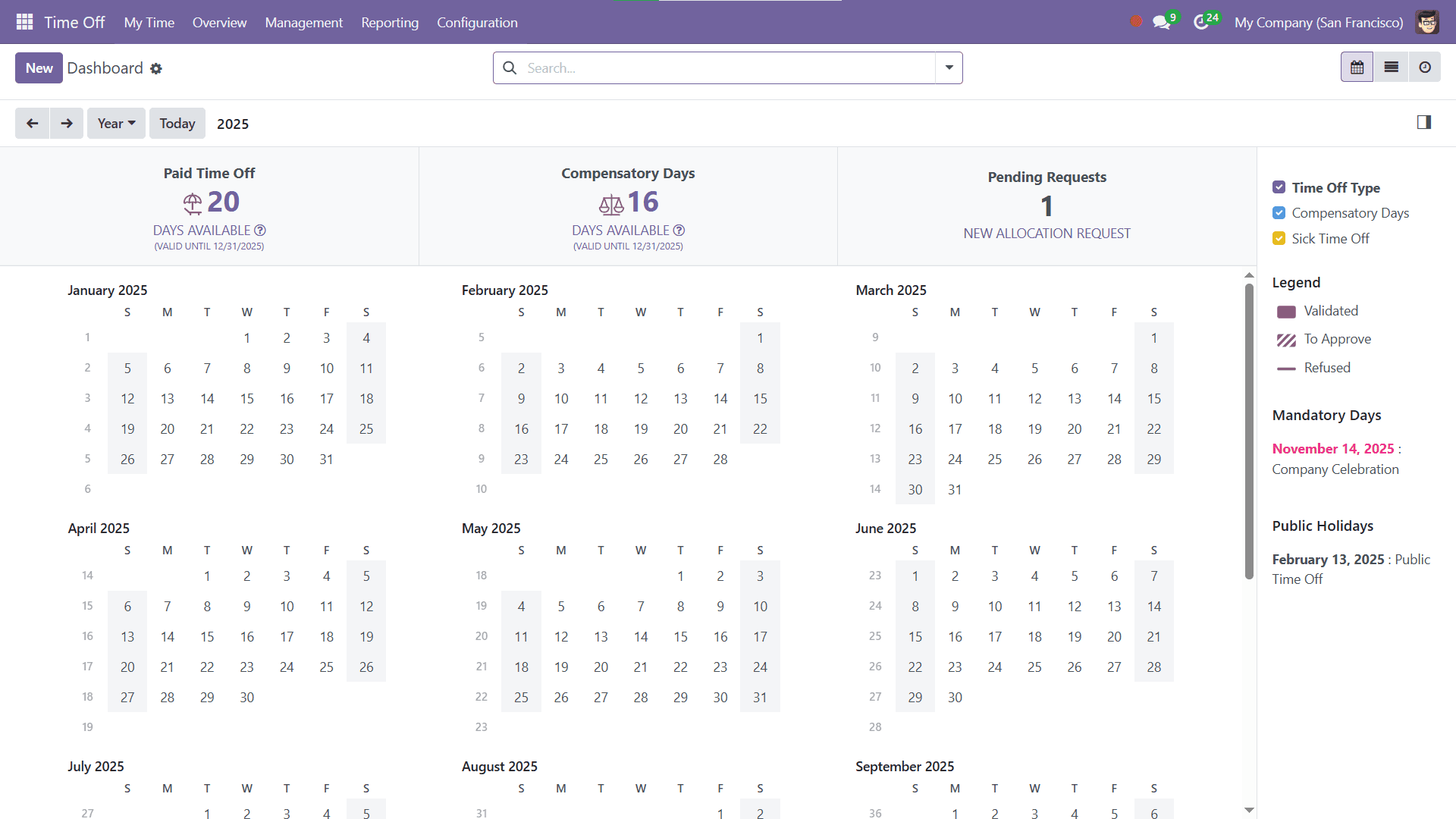Time Off module calendar with upcoming absences